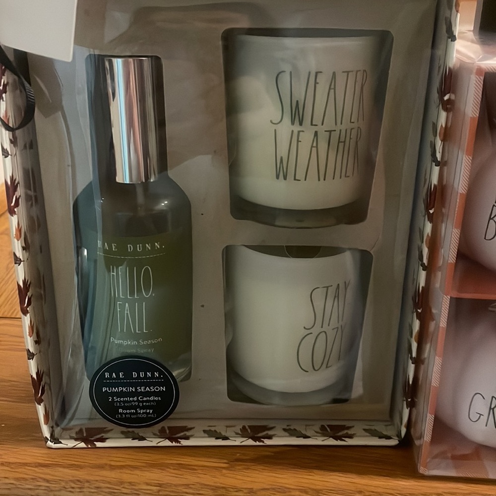 Rae Dunn Fall Thanksgiving Sweater Weather Candle Scented Room Spray 3pc Set